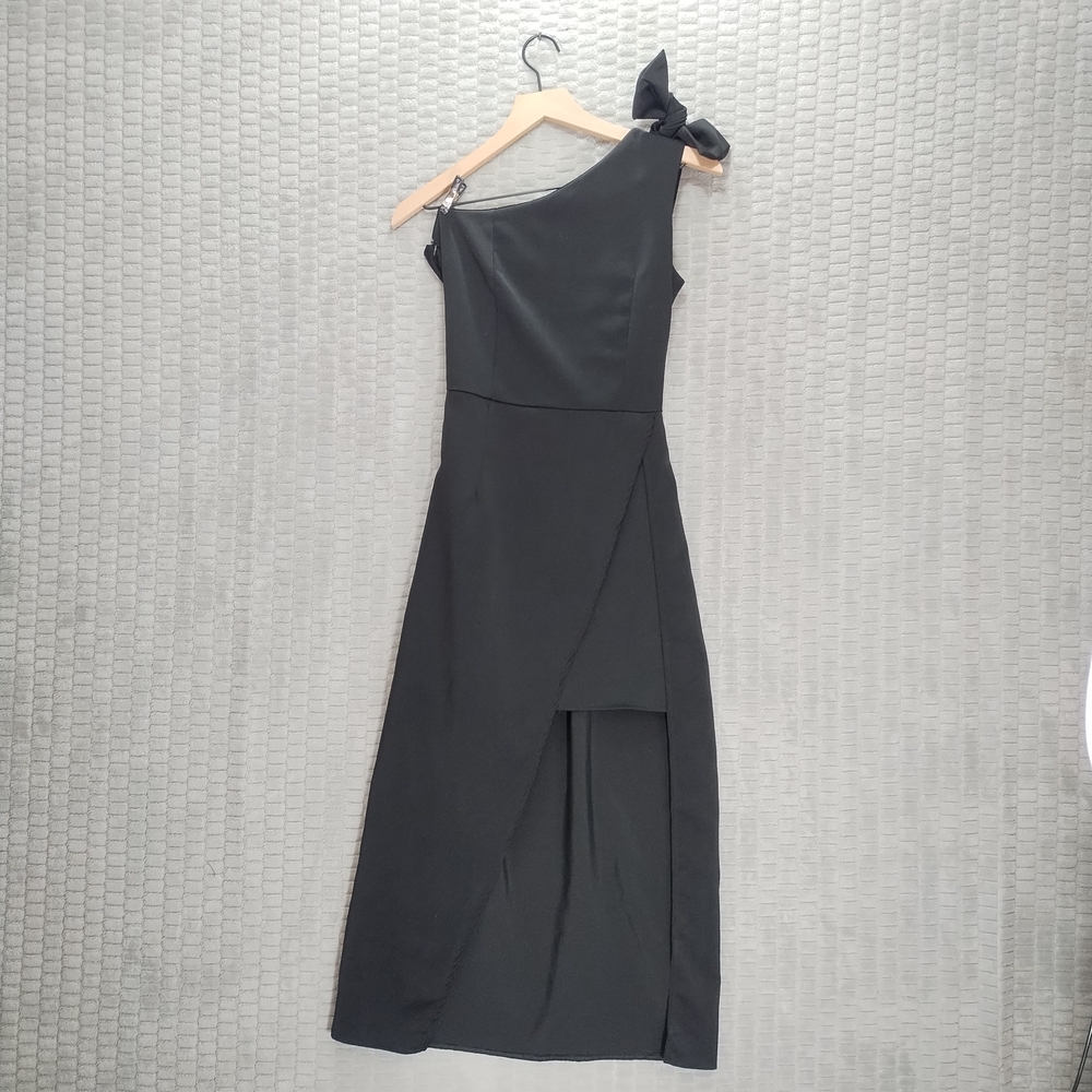 Black Asymmetrical One Shoulder Dress-Bow-Overlay-Mini with a Slit Midi Hem-Sz S